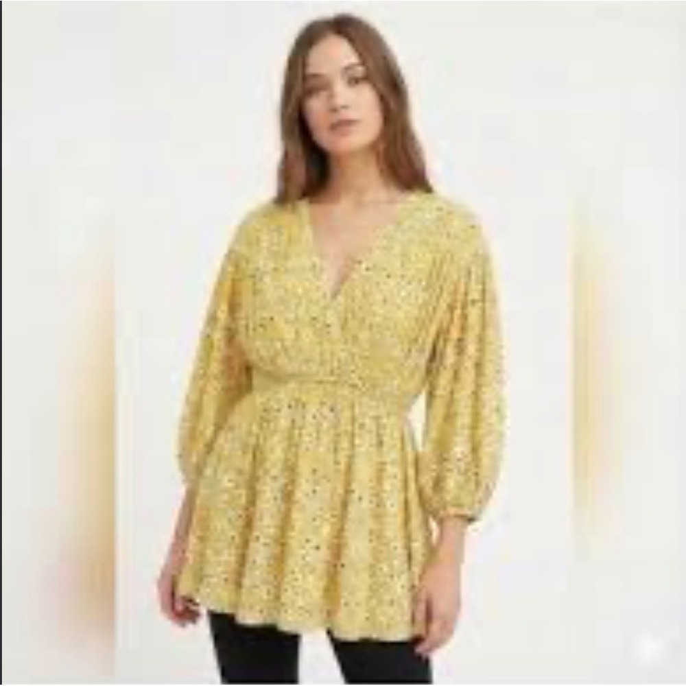 Free People Ditsy Floral Yellow Oversized Long Sleeve Cinched Waist Top XL